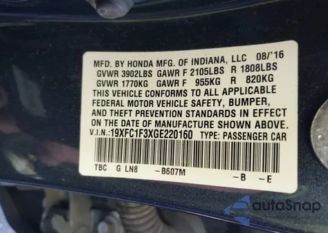 2016 Honda Civic Ex-T from USA, damaged, VIN 19XFC1F3XGE220160